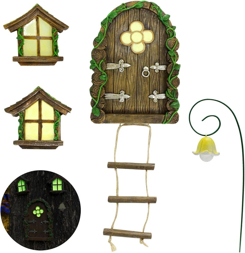 IMOFEE Fairy Door and Windows Garden Kit Accessories Outdoor, Glow in Dark Gnome House for Tree, Lawn Yard Art Sculpture, Miniature Garden Decor (Ladder) - Image 1